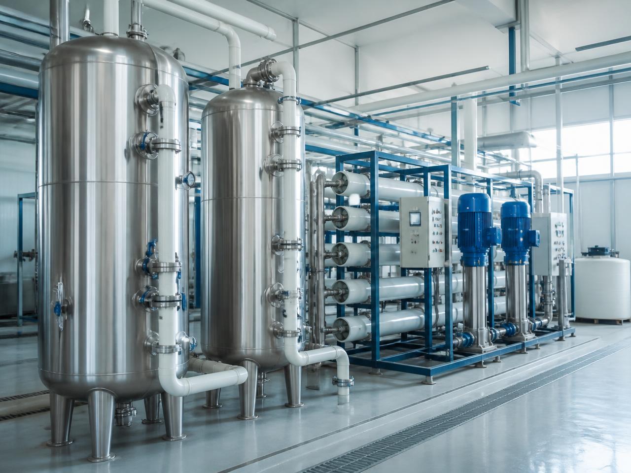 Sistem rawatan air perindustrian dengan tangki penapis keluli tahan karat dan pam bertekanan